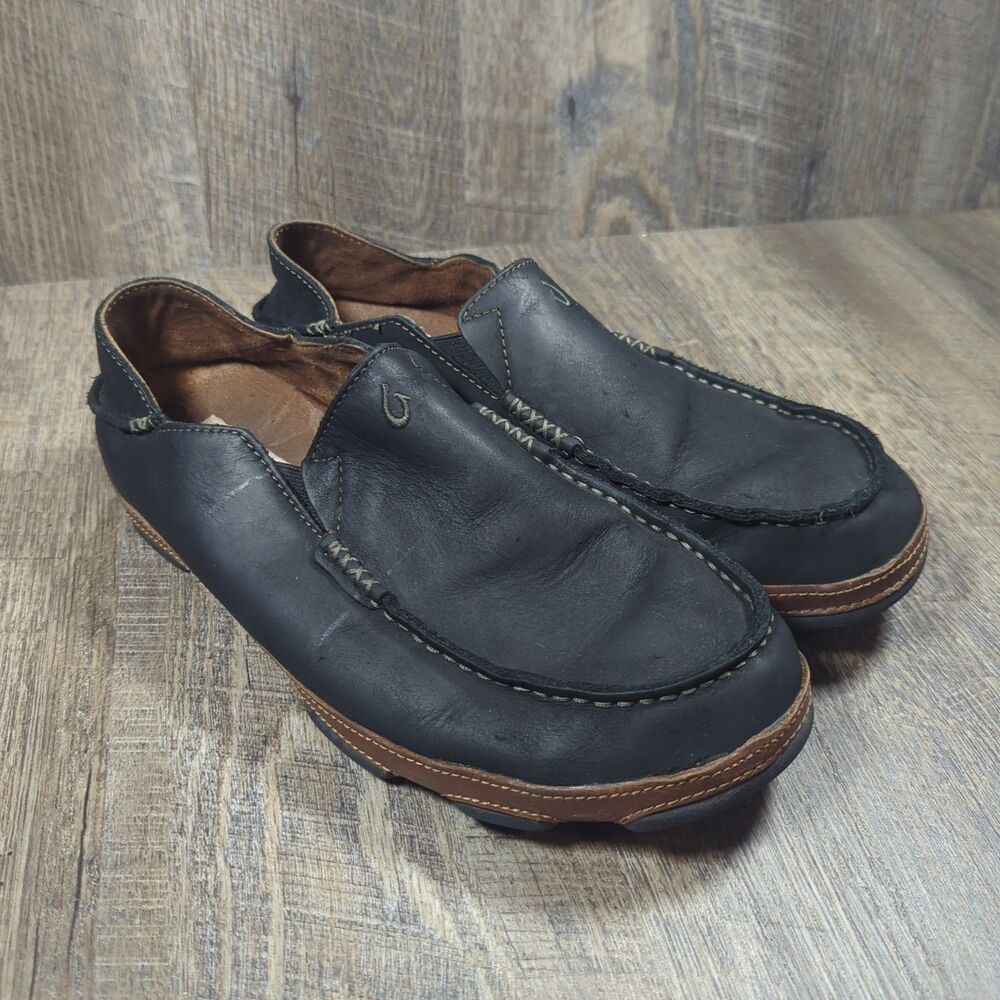 Olukai Moloa Shoes Men's Size 10.5 Black Leather Comfort Casual Loafers Moc